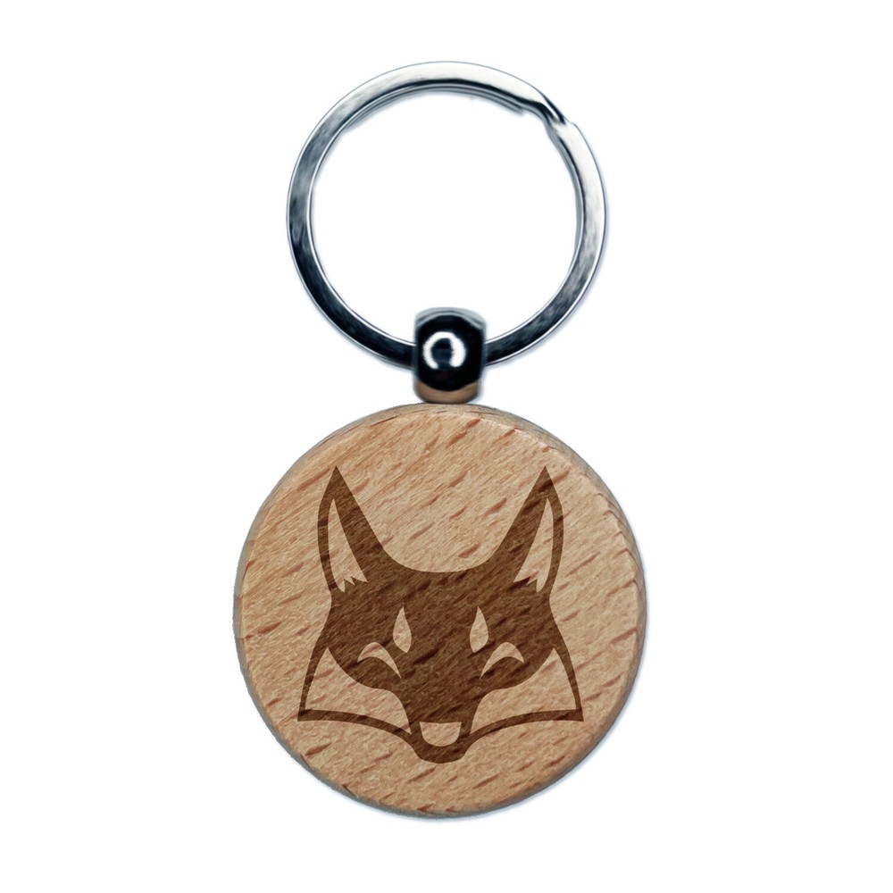 Mischievous Fox Face Engraved Wood Round Keychain Tag Charm
