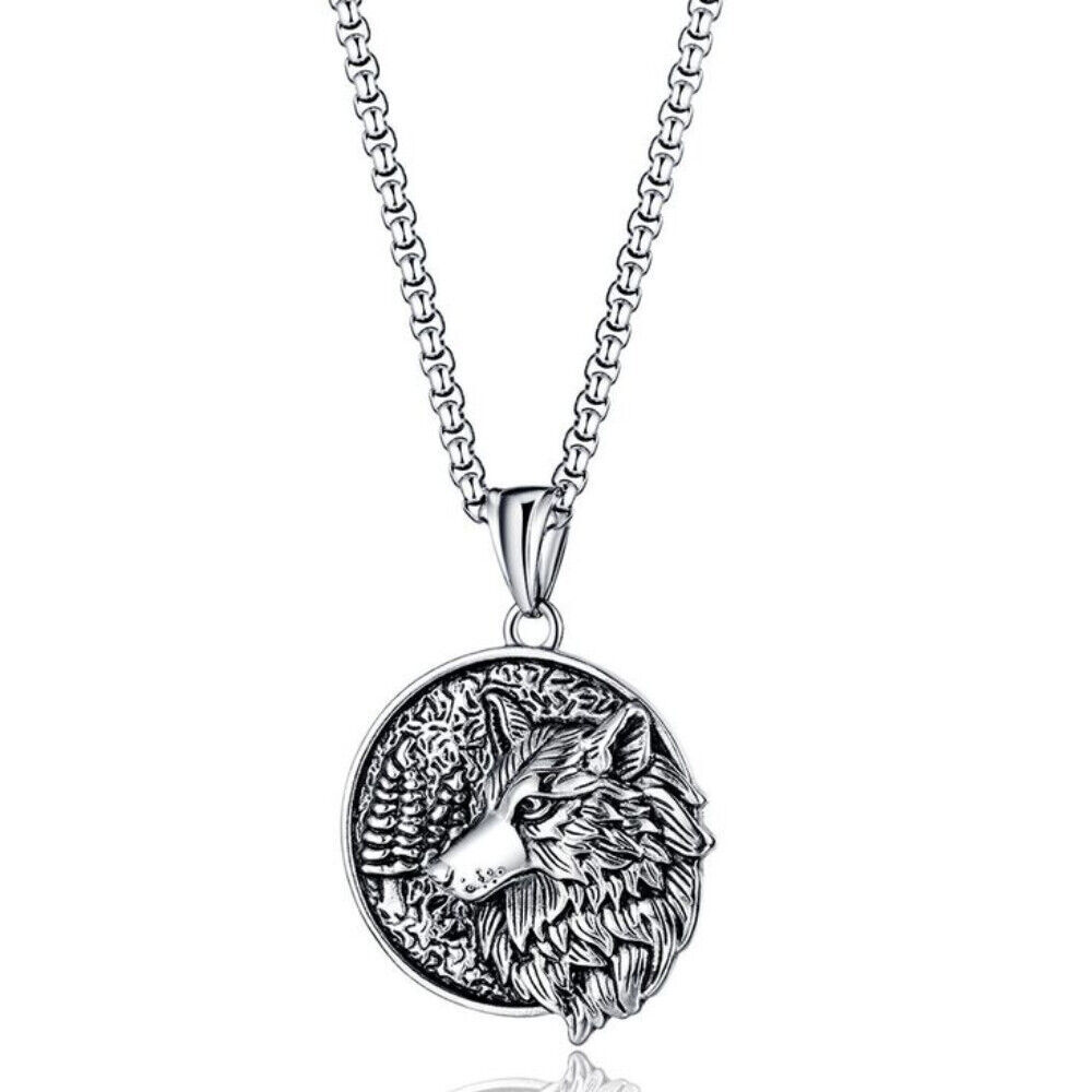 Hip-Hop Style Streetwear Stainless Steel Wolf Head Round Pendant Necklace Chain