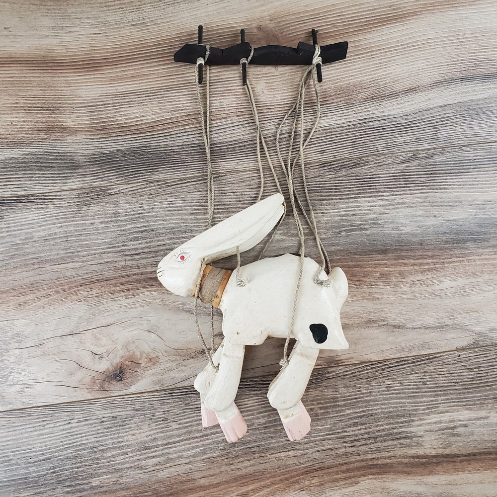 Vintage Hand Carved Wooden Rabbit Bunny Marionette String Puppet Farm Folk Art