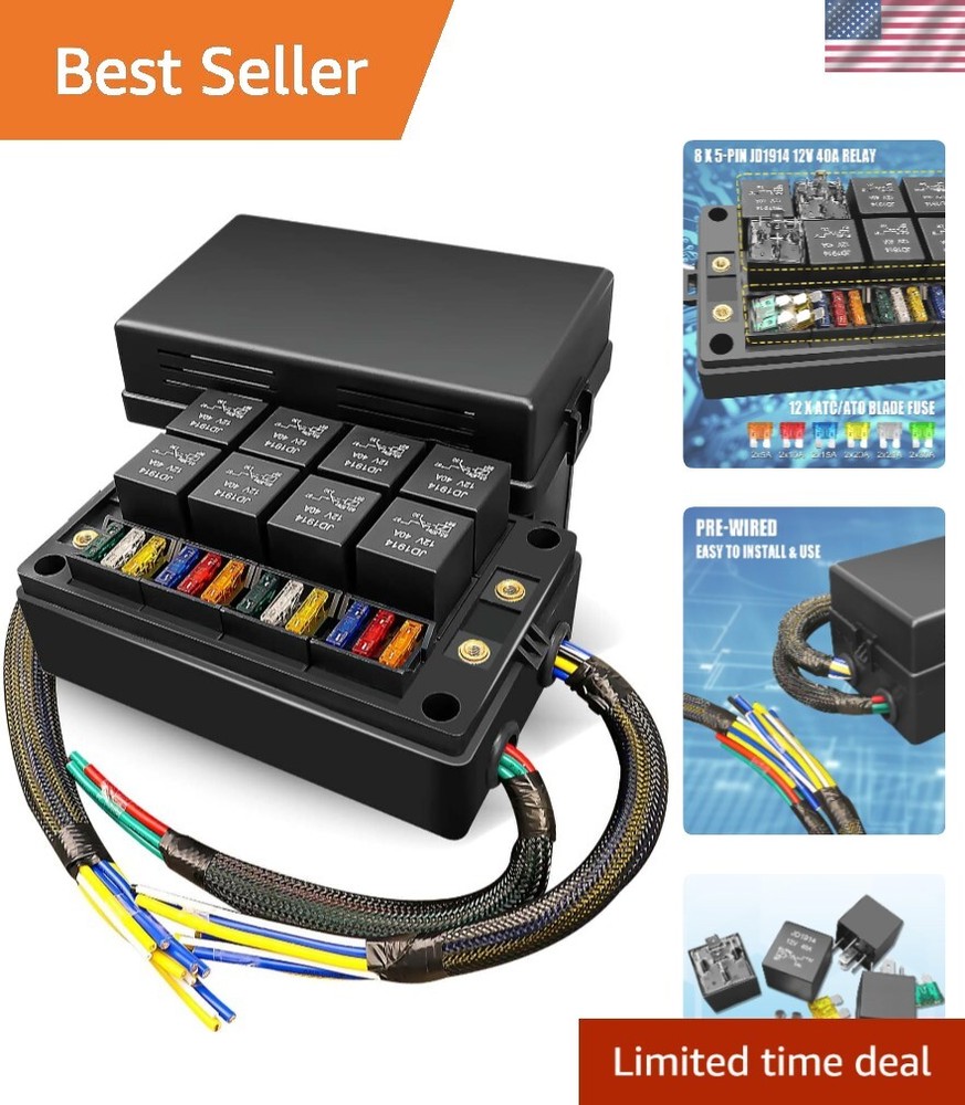Pre-Wired Fuse Relay Box Waterproof, 8 5-Pin JD1914 Relay Slots and 12 ATC AT...