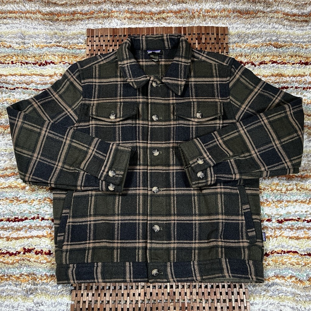 Patagonia Melton Wool Plaid Trucker Jacket Green Mens XL
