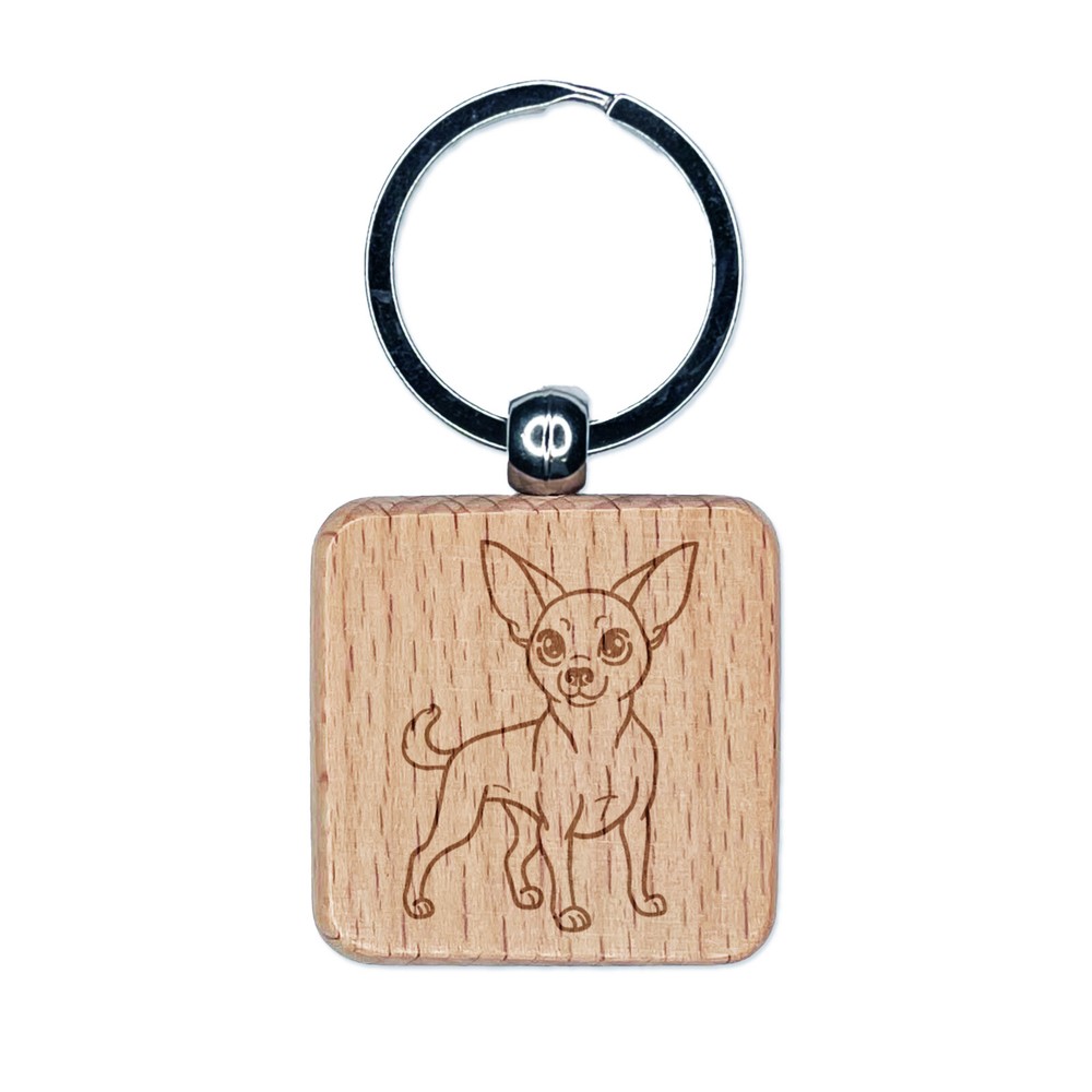 Charming Chihuahua Pet Dog Engraved Wood Square Keychain Tag Charm