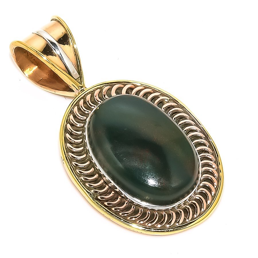 Natural Bloodstone Gemstone Two-Tone 925 Sterling Silver Pendant 1.5 Inch