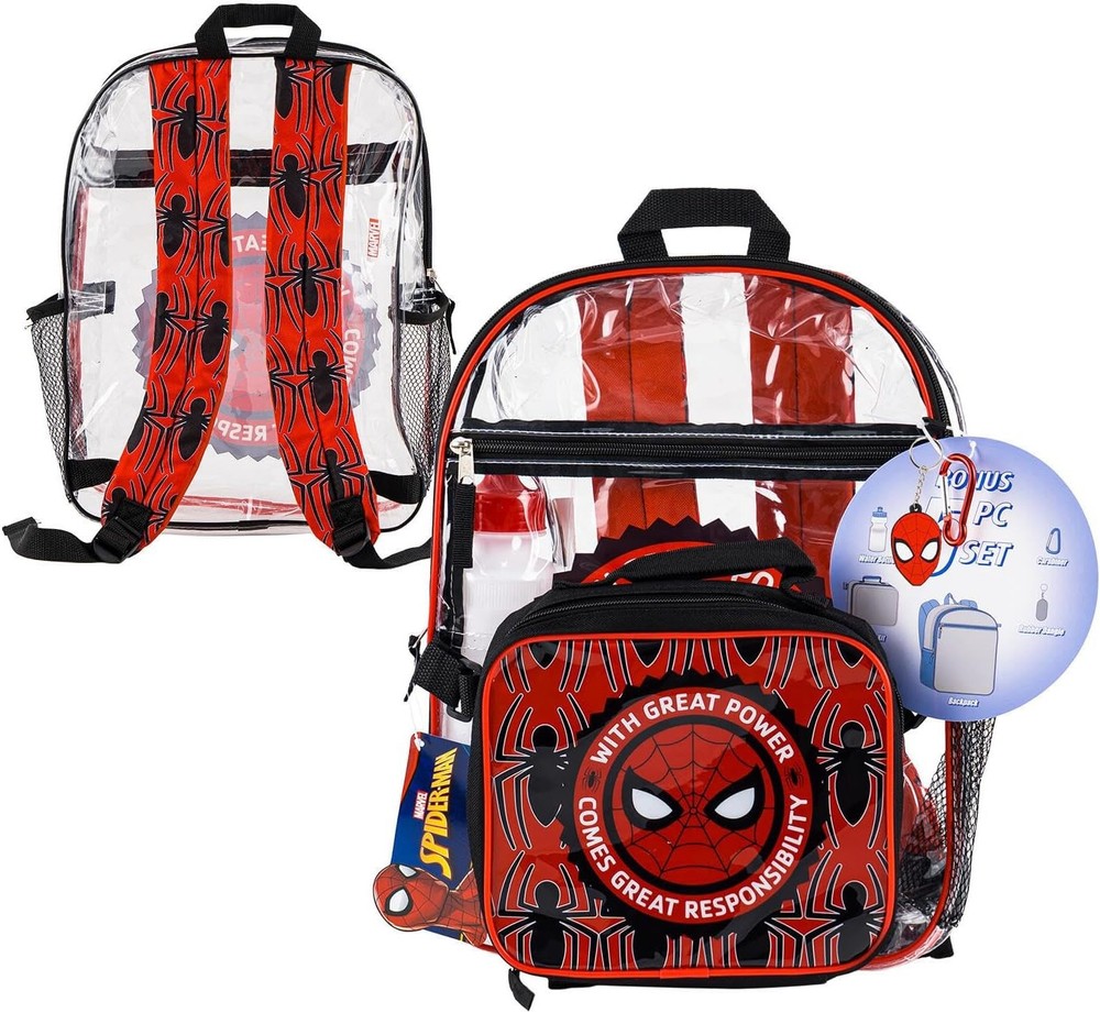 Large Backpack - Marvel - Spiderman - Set 5 w/Lunch Bag Clear Boys 16