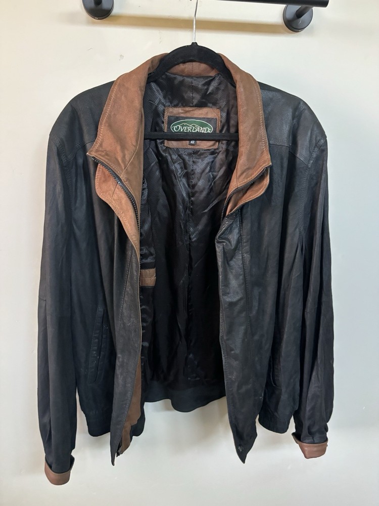 Overland Vintage Leather Jacket Size 42 Black Full Zip Pockets Lined