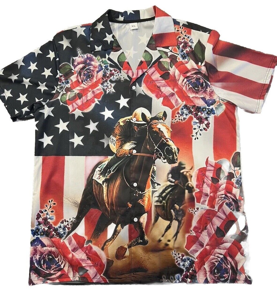 Mens Horse Racing Hawaiian Button-Up Shirt with 3D Roses Derby USA Flag Design XL