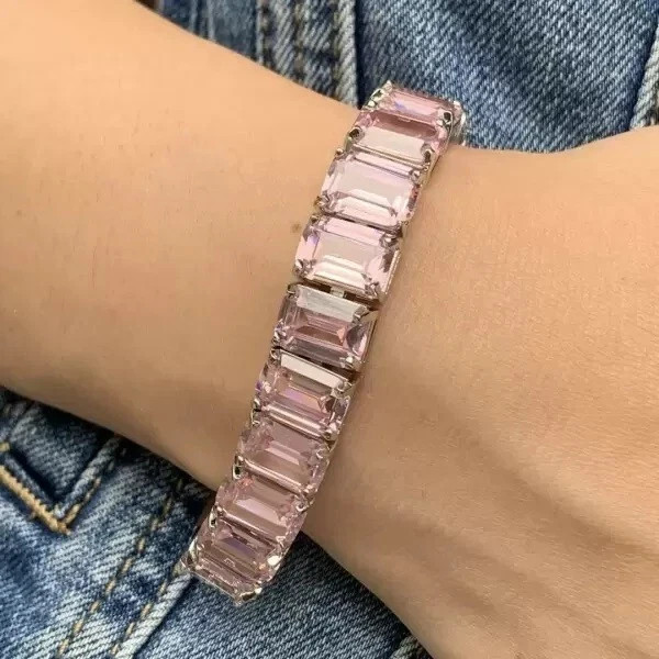 45CT Lab Created Emerald Cut Pink Sapphire Tennis Women Bracelet 14K Gold Plated