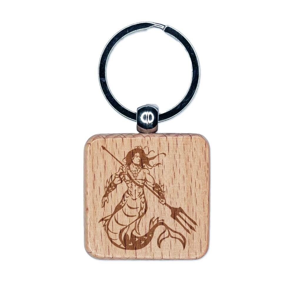 Merman Mermaid Man with Trident Engraved Wood Square Keychain Tag Charm
