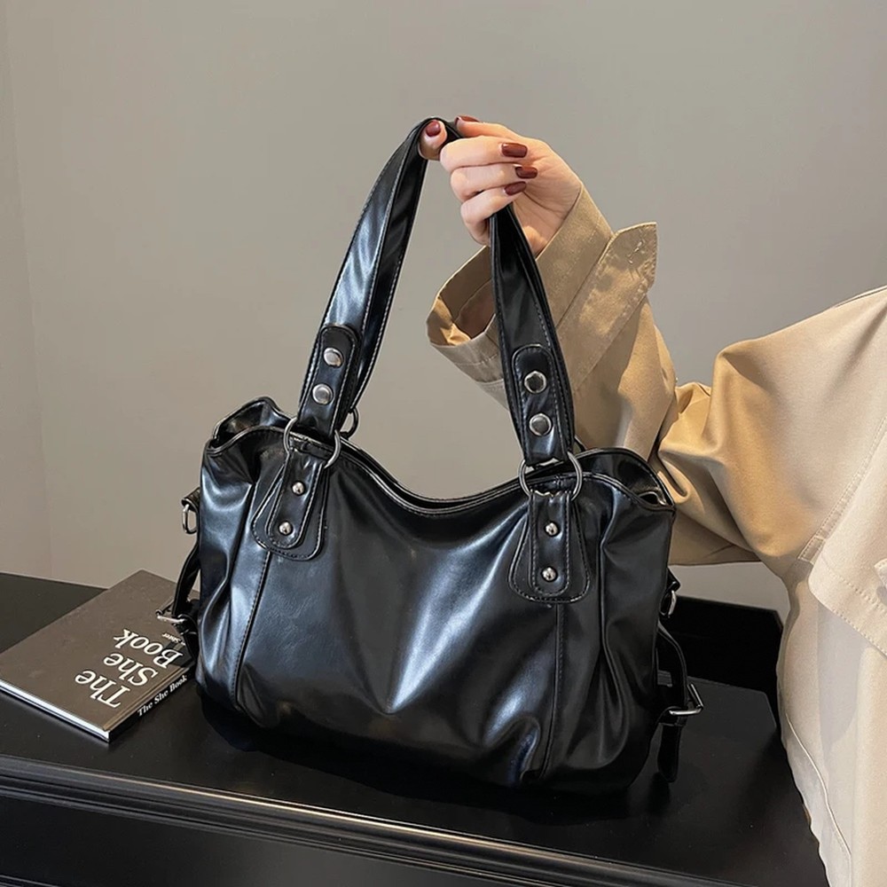 Women's solid-color PU Tote Bag, Large Capacity Shoulder Bag, Casual Style