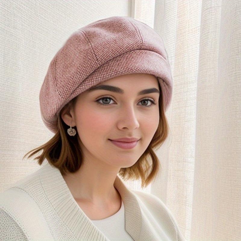 Simple Women Wool Beret for Elegant Lady Winter Female Cotton Hats Plaid Vintage