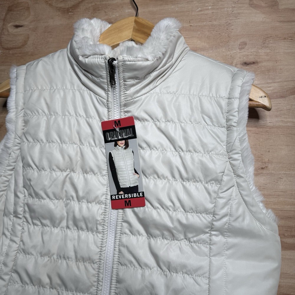Nicole Miller Reversible Faux Fur Vest Jacket for Women in Ivory Size Medium