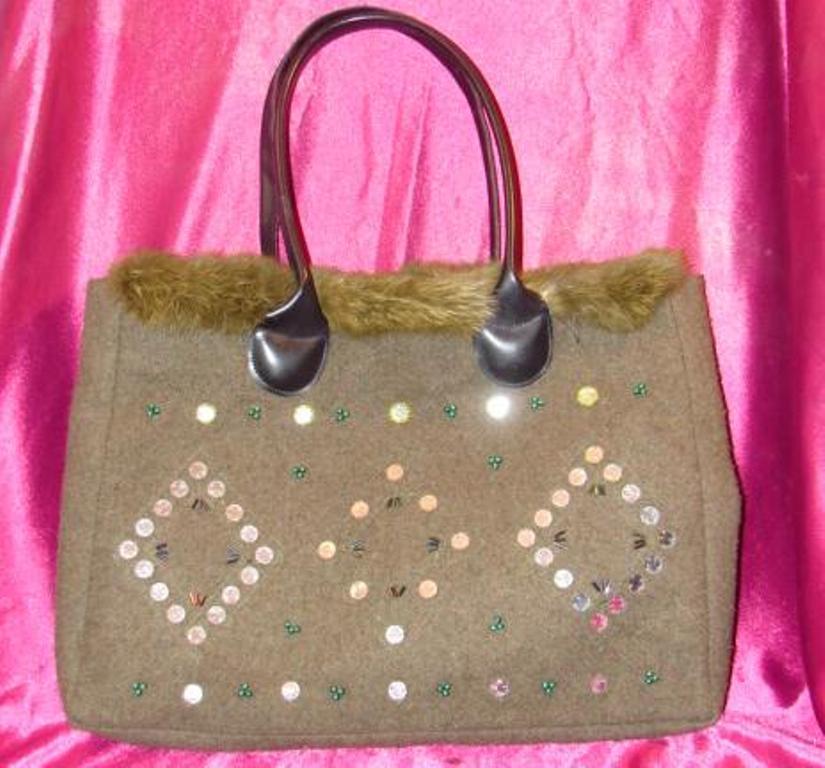 Large Handcrafted Fur Trimmed Sequence  Wool Handbag    handmade one of a kind