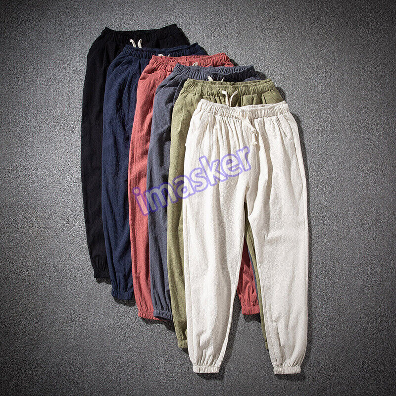 Men Cotton Linen Trousers Baggy Pants Harem Lace Up Elastic Waist Loose Casual