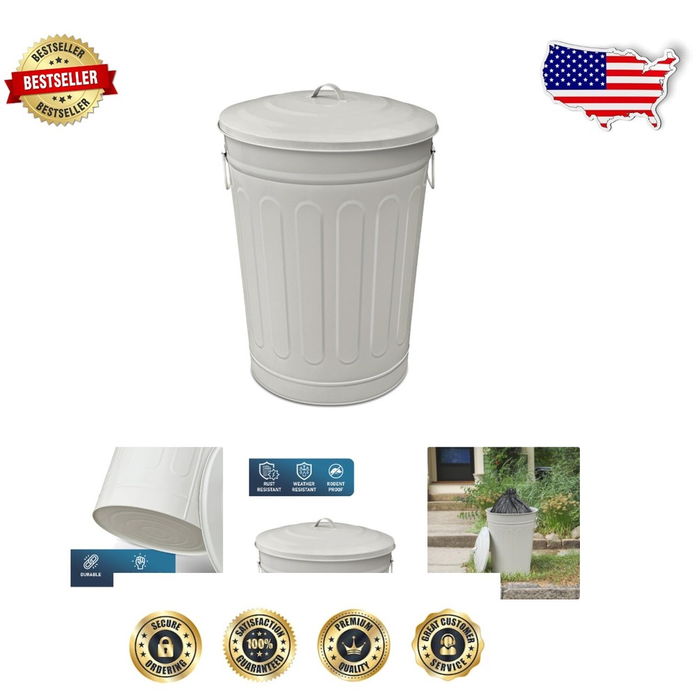 Weather-Resistant 13-Gallon Beige Galvanized Steel Round Trash Bin with Lid