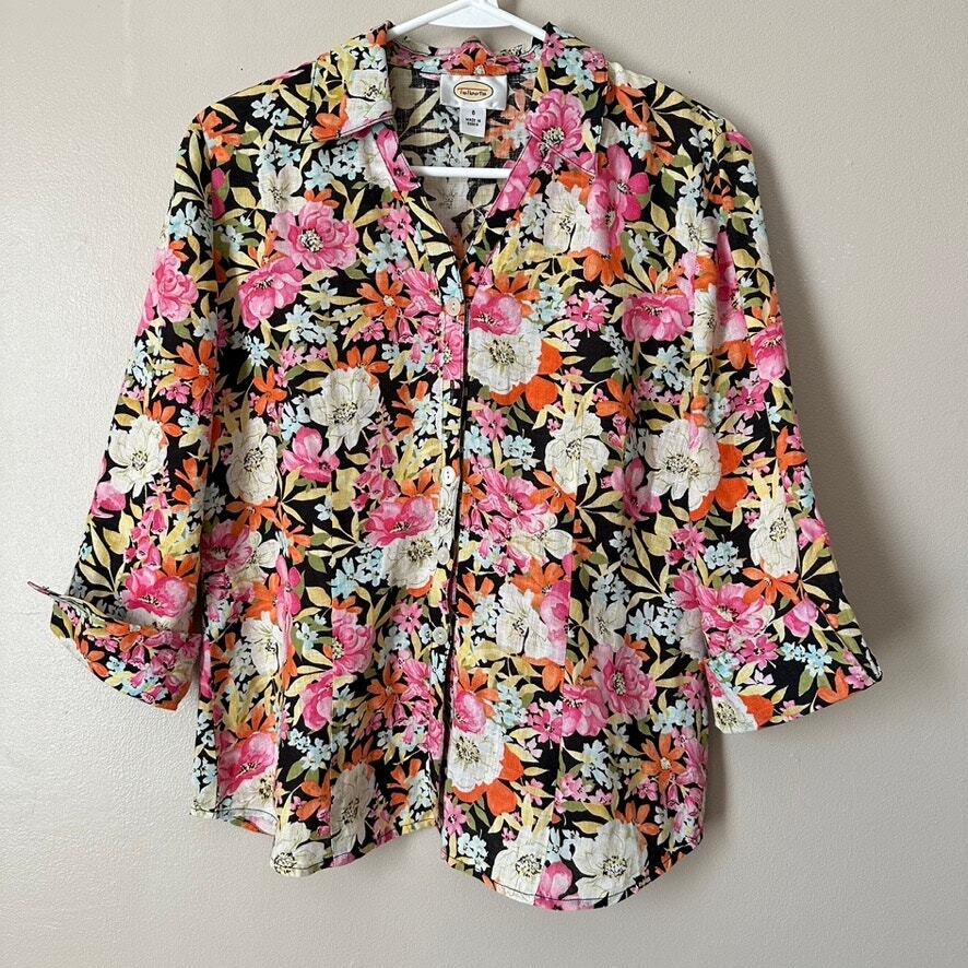 Talbots Linen Floral Shirt Womens 6 Button Front 3/4 Sleeve Preppy Cottagecore