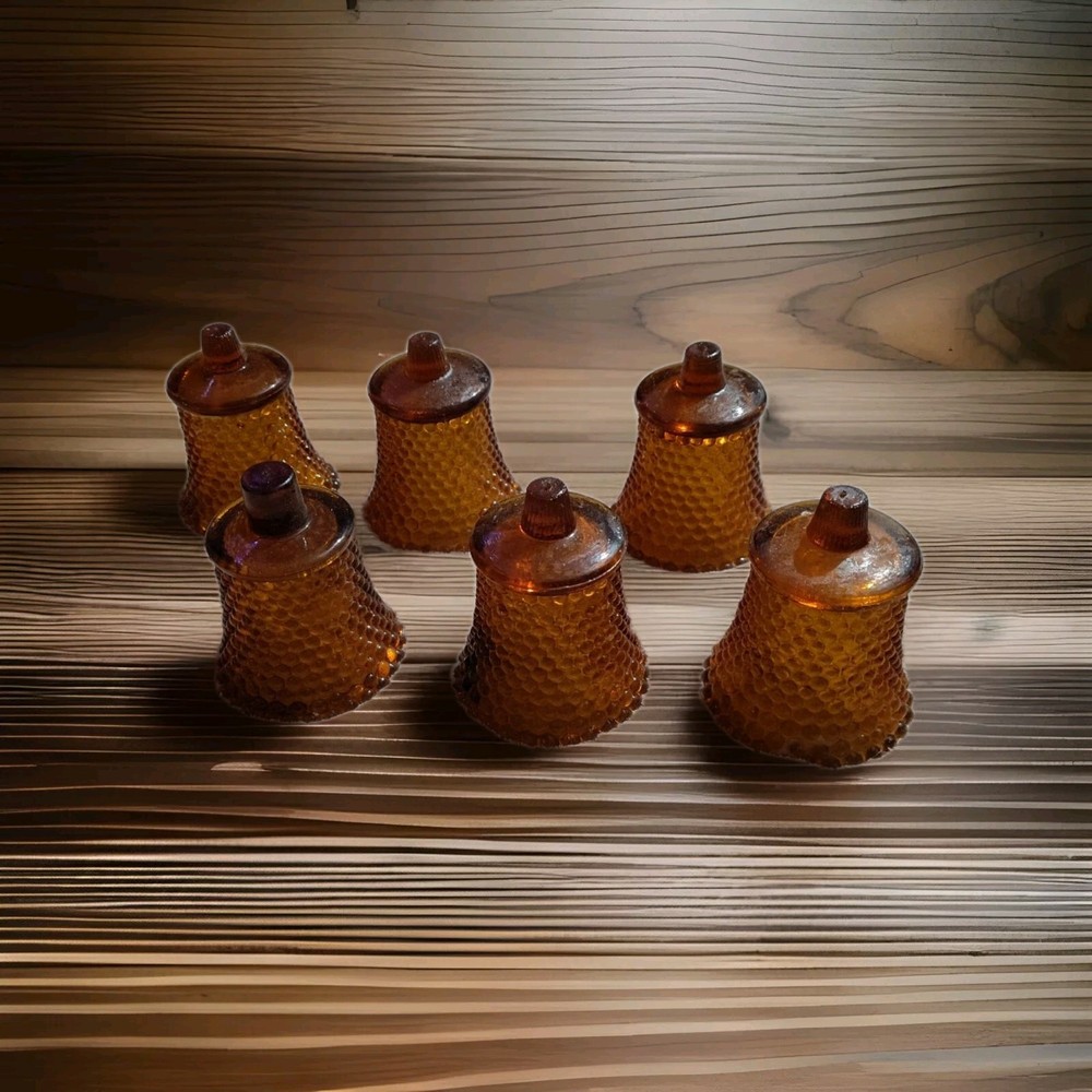 Set Of 6 Vintage HOMCO Amber Glass Diamond Cut Votive Cup Candle Holders 3.5”