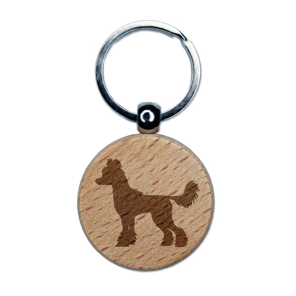Chinese Crested Dog Solid Engraved Wood Round Keychain Tag Charm