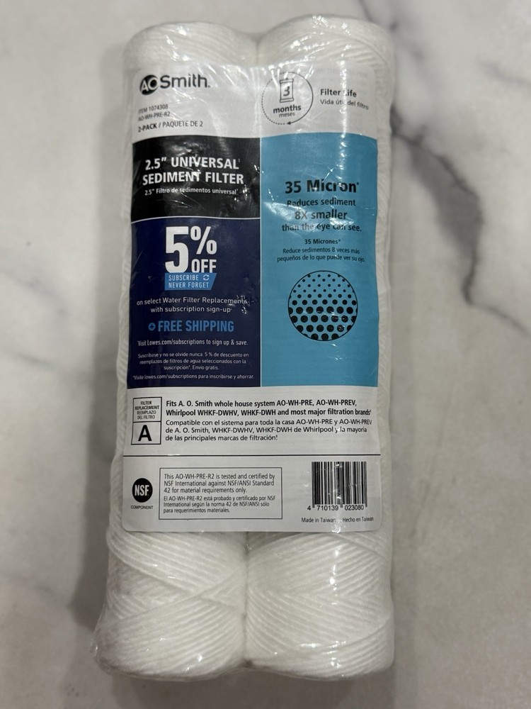 AO Smith 2 Pack AO-WH-PRE-R2 Universal Sediment Filter Item 1074308 NEW SEALED