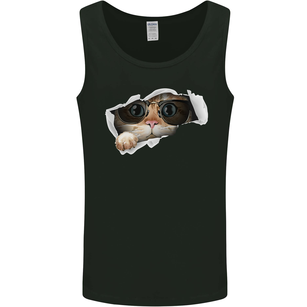 A Funny Cat Peeking From a Ripped Top Mens Vest Tank Top