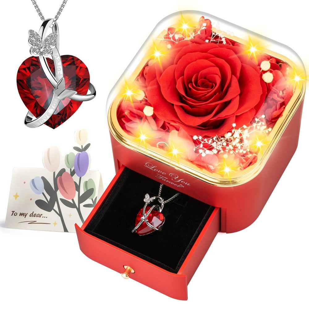 Preserved Blue Real Rose with Necklace Jewelry Box -Eternal Flowers Rose Gift...