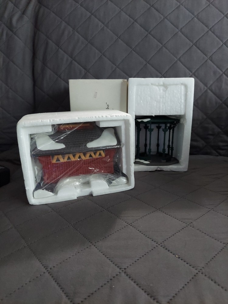 Charming Dept 56 Red Covered Bridge with Town Square Gazebo