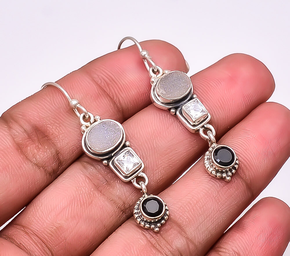 Snow White Titanium Agate Drusy & White Topaz 925 Silver Bali Earring 1.76