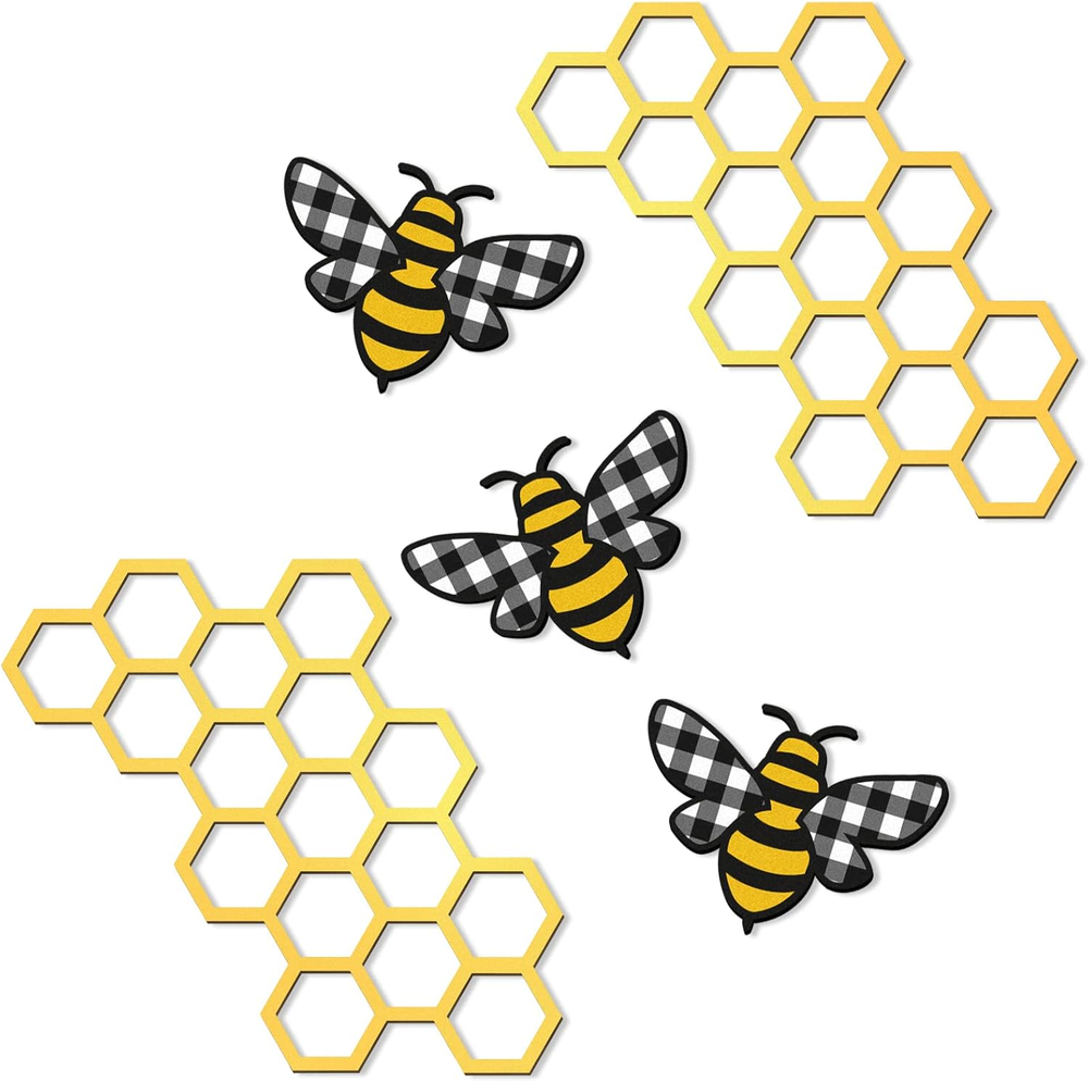 Peryiter 5 Pcs Metal Bee Wall Art Farmhouse Honey Bee Honey Comb Decor Wire Meta