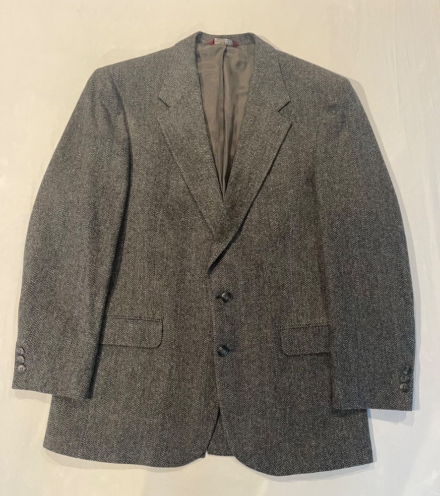 Vintage Botany 500 Wool Sports Coat Blazer Jacket Gray Herringbone Tweed 42L USA