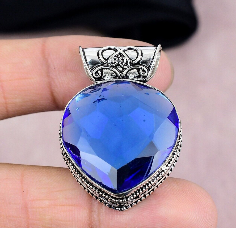 Lab-Created Blue Sapphire Sterling Silver Pendant Handmade Jewelry