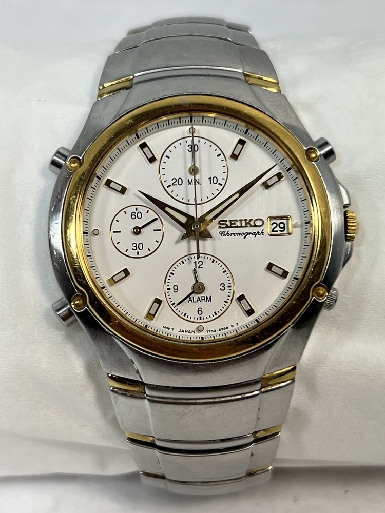 Vintage SEIKO 7T32-7H90 Two-Tone Alarm Chronograph Mens Date Watch with New Battery