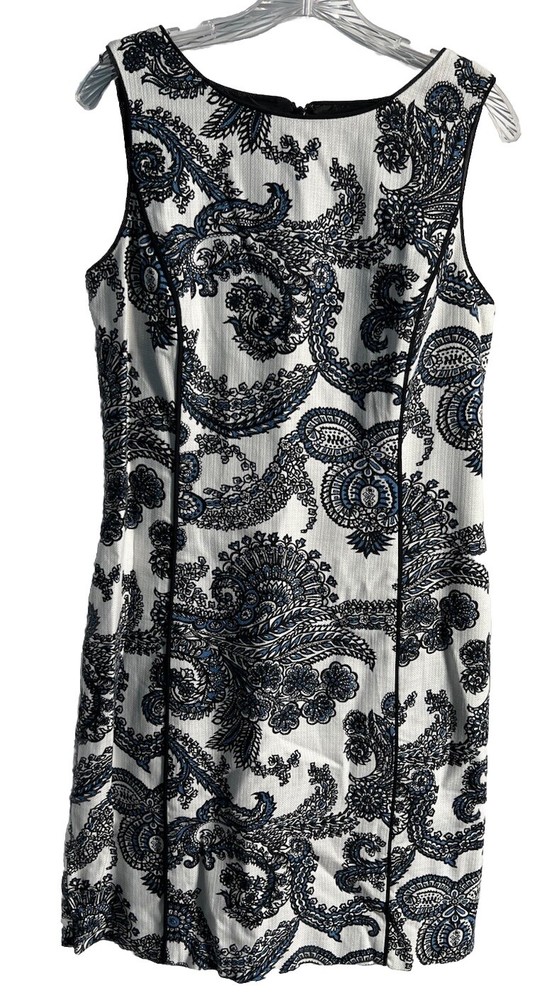 Talbots Women's Dress White Blue Black Paisley Sleeveless Size 10 Zip Back