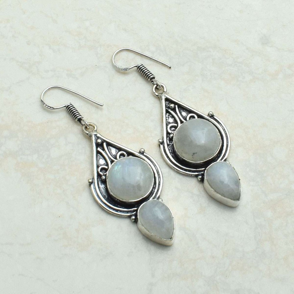 Rainbow Moonstone Gemstone Handmade Drop Dangle Earrings Jewelry 2.12