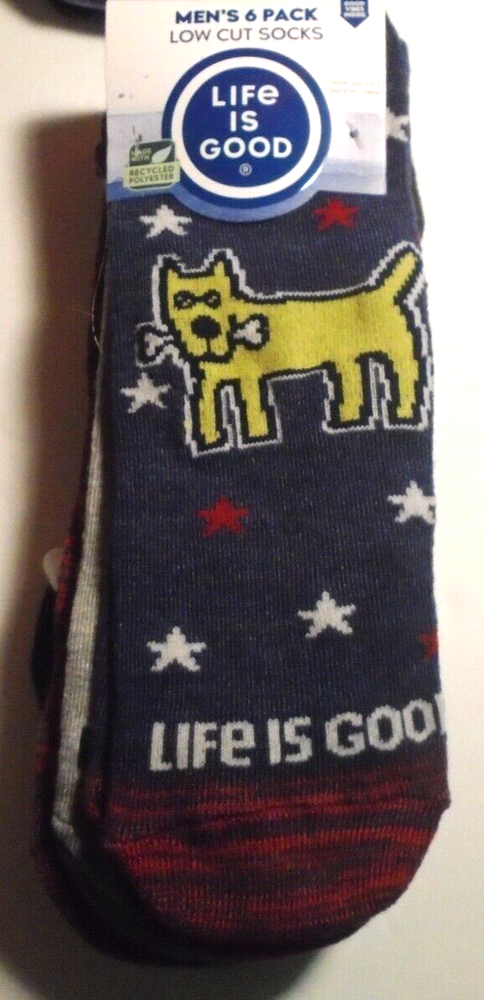 Men's Socks Life is Good Dogs & Stars  Low Cut 6 Pairs Blue Recycled Polyester