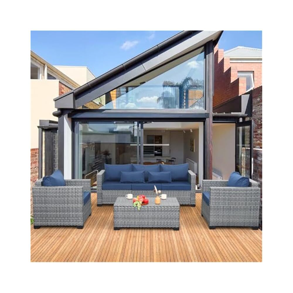 4-Piece Outdoor Wicker Sectional Sofa Set with Storage & Blue Cushions