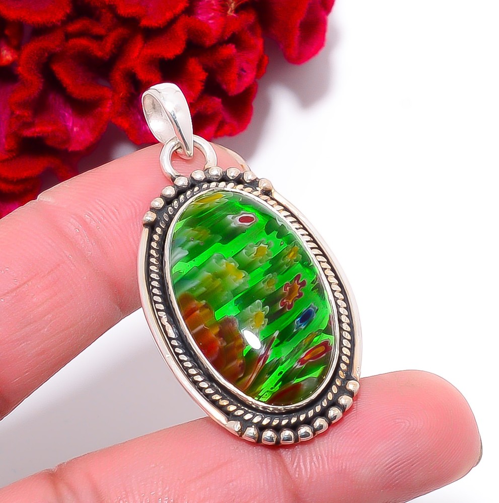 Millefiori Murano Glass Designer Handmade 925 Sterling Silver Pendant 1.95