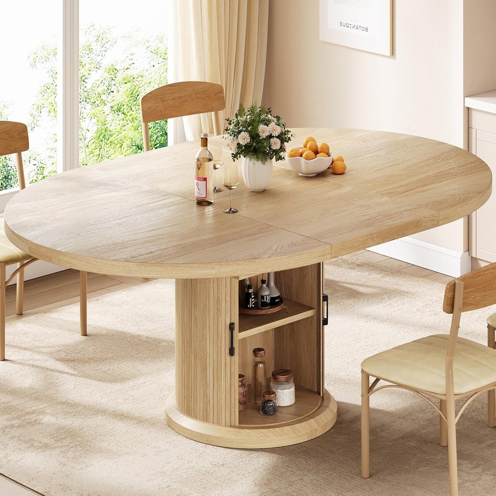 Extendable Round Kitchen Dining Room Table for 4-6 with 2-Tier Storage Shelf, 6