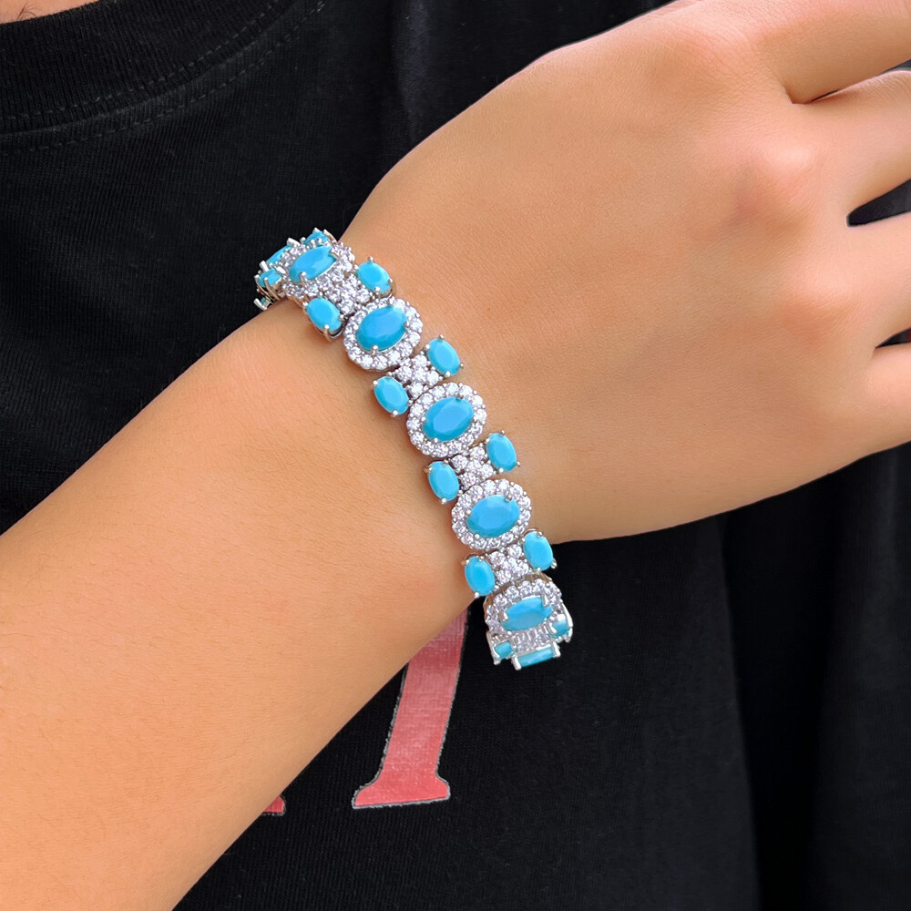 Silver Plated Big Oval Blue Turquoise Cubic Zirconia Bracelet Women Wedding Gift