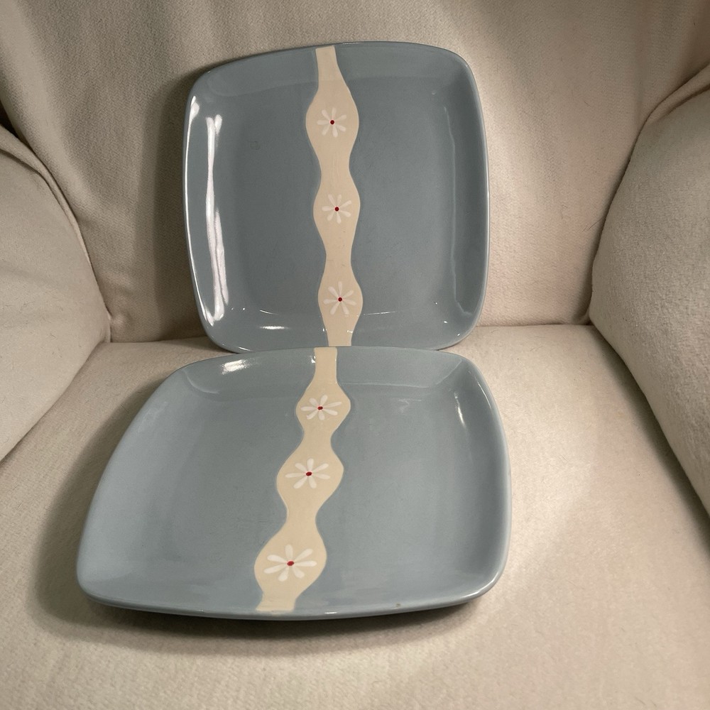 Pfaltzgraff Dazee Sky Blue White Daisy Square Stoneware 2-Piece Set