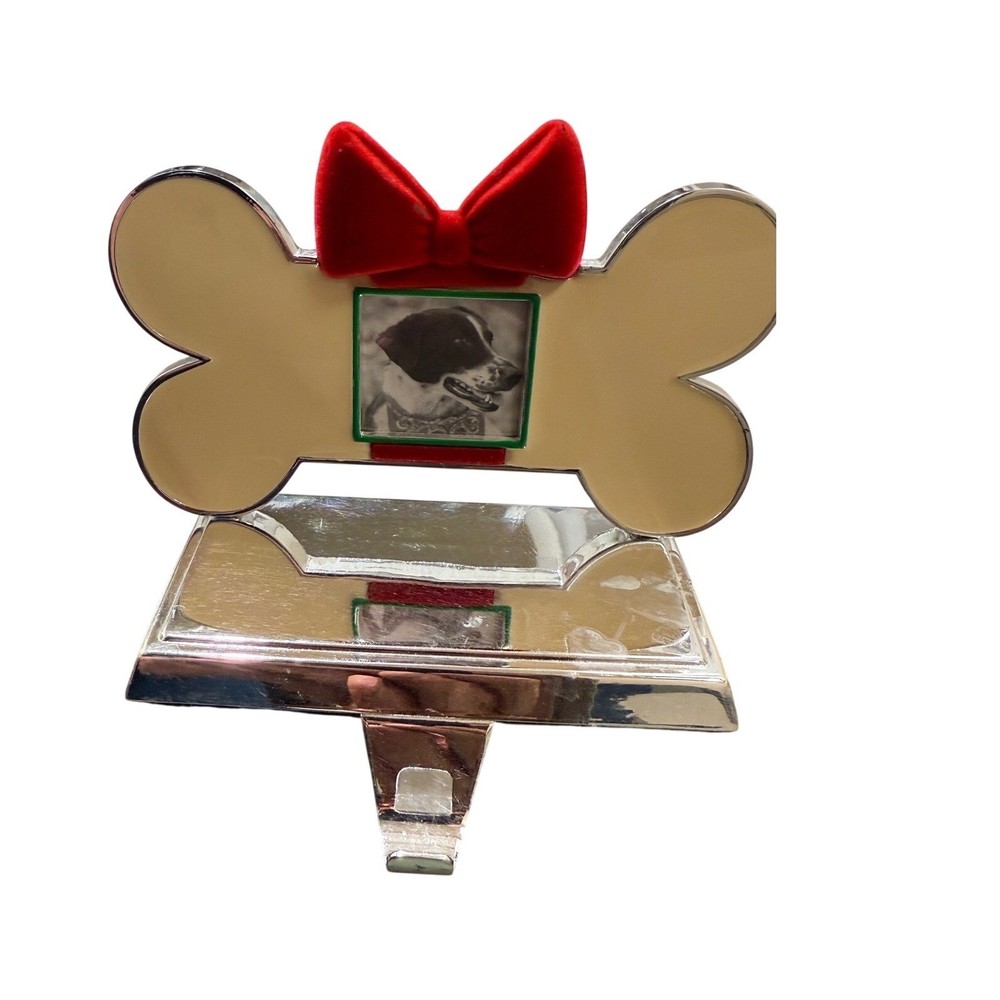 Dog Bone Christmas Stocking Holder with Photo Frame Red Bow Silver Tone Mantel