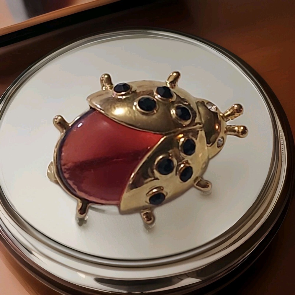 Glowing Green Ruby Jelly Belly Ladybug Brooch with Faceted Black Gemstone Wings