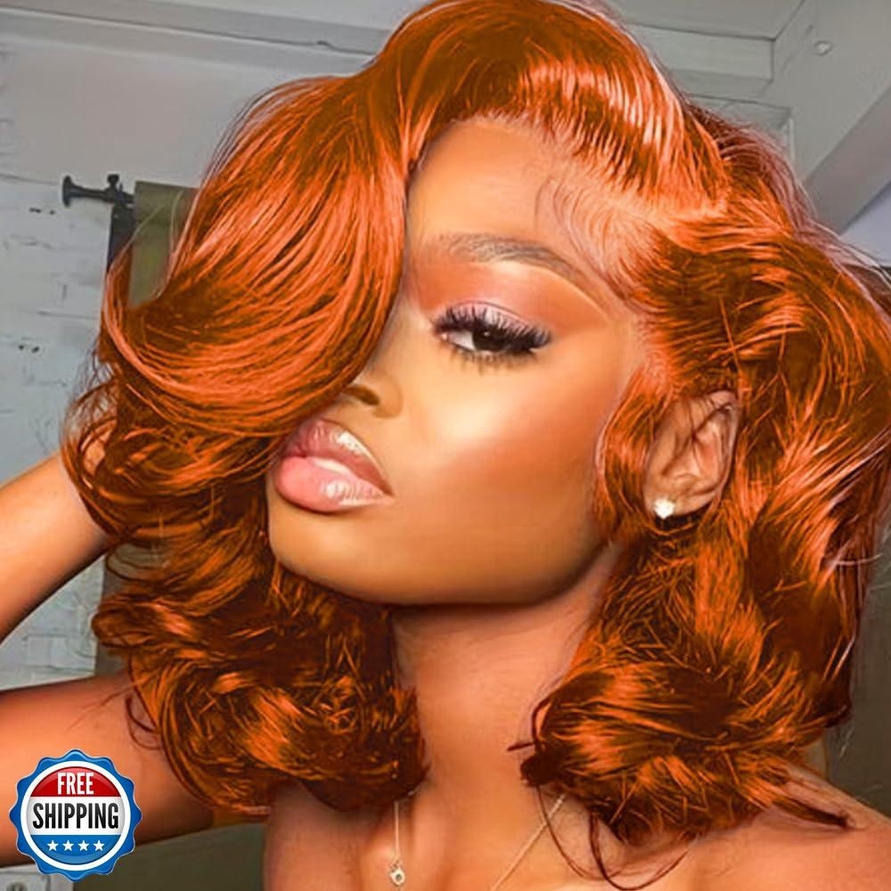 Ginger Orange Short Bob Wig 16 Inch 180% Density Human Hair 13x4 Lace