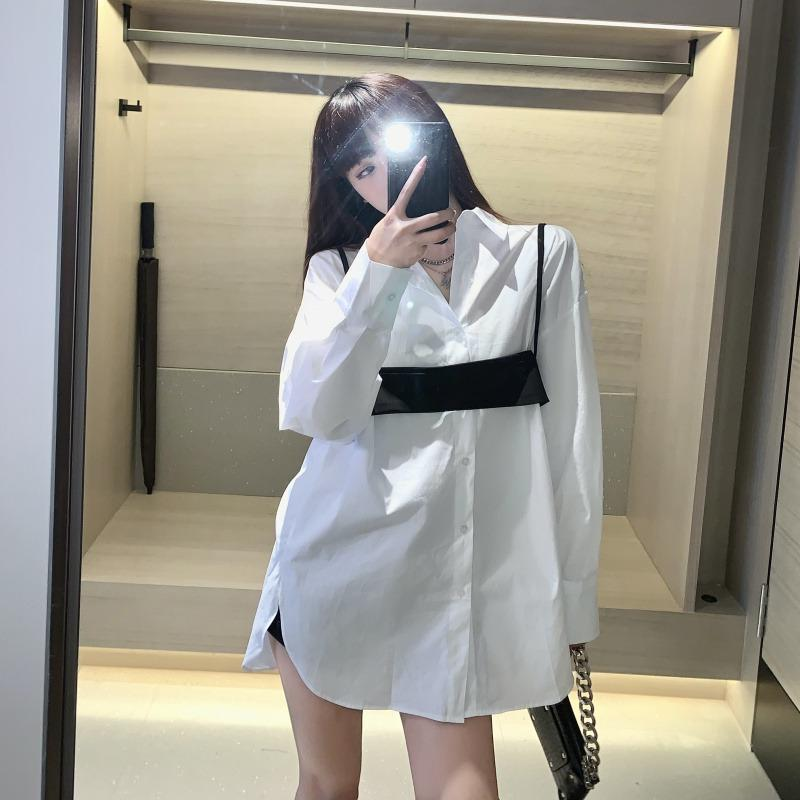 Women's Top Medium Length Loose White Chiffon Shirt Jacket Design Sense Small