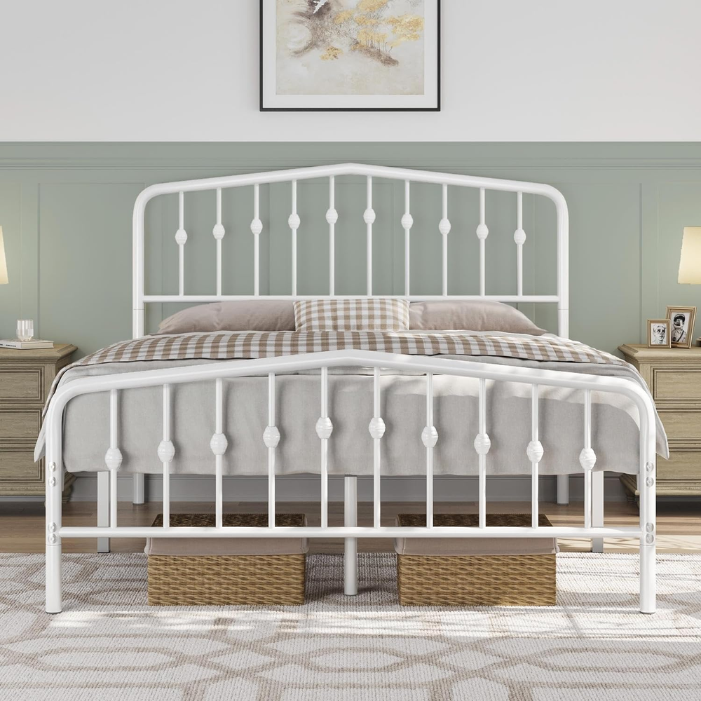 Victorian-style wrought iron queen platform bed frame with metal headboard