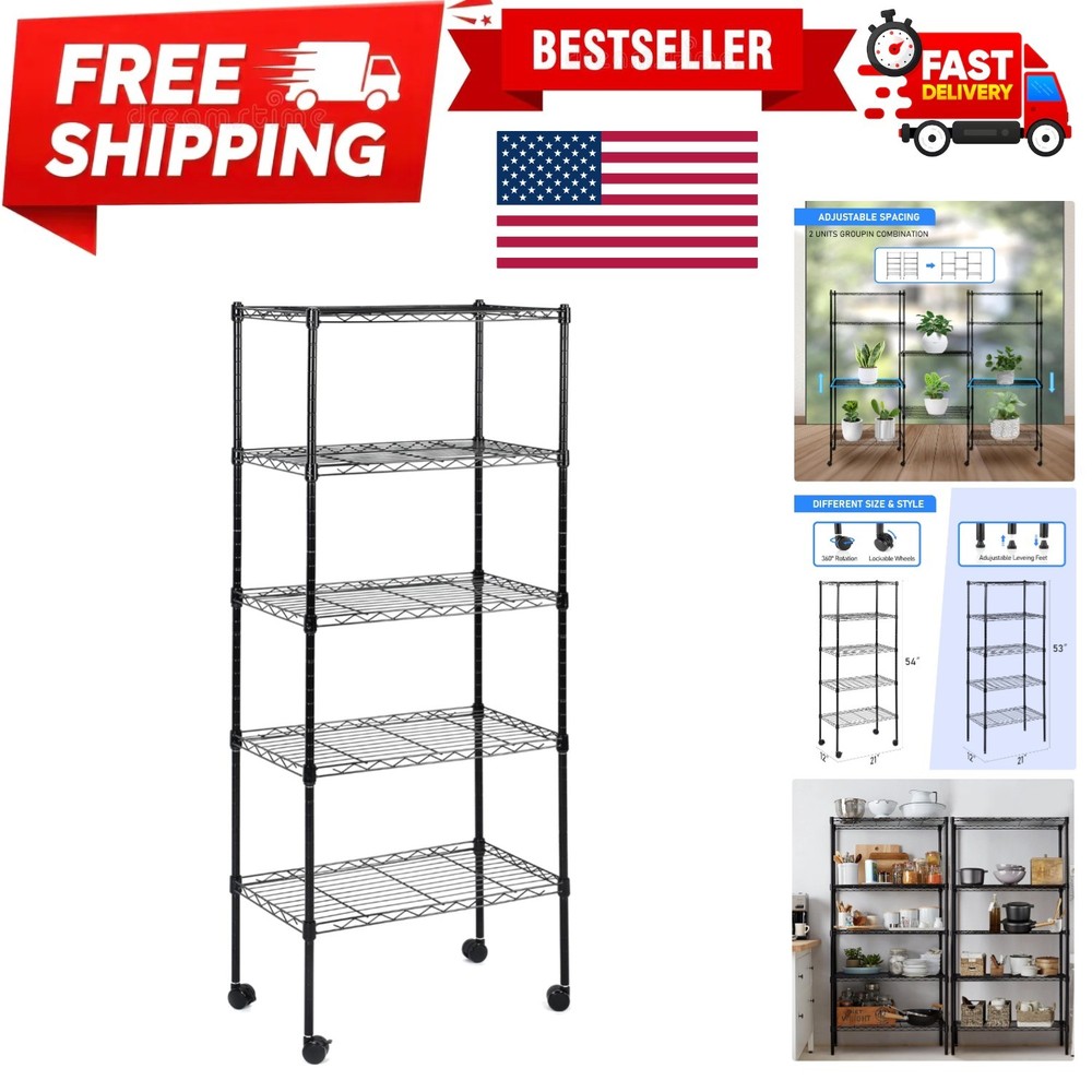 Heavy Duty Metal Storage Shelf with Wheels Adjustable Commercial Wire Rack
