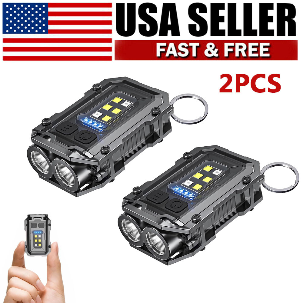 2PCS Rechargeable Mini EDC Keychain Flashlight Compact Pocket COB Light Night