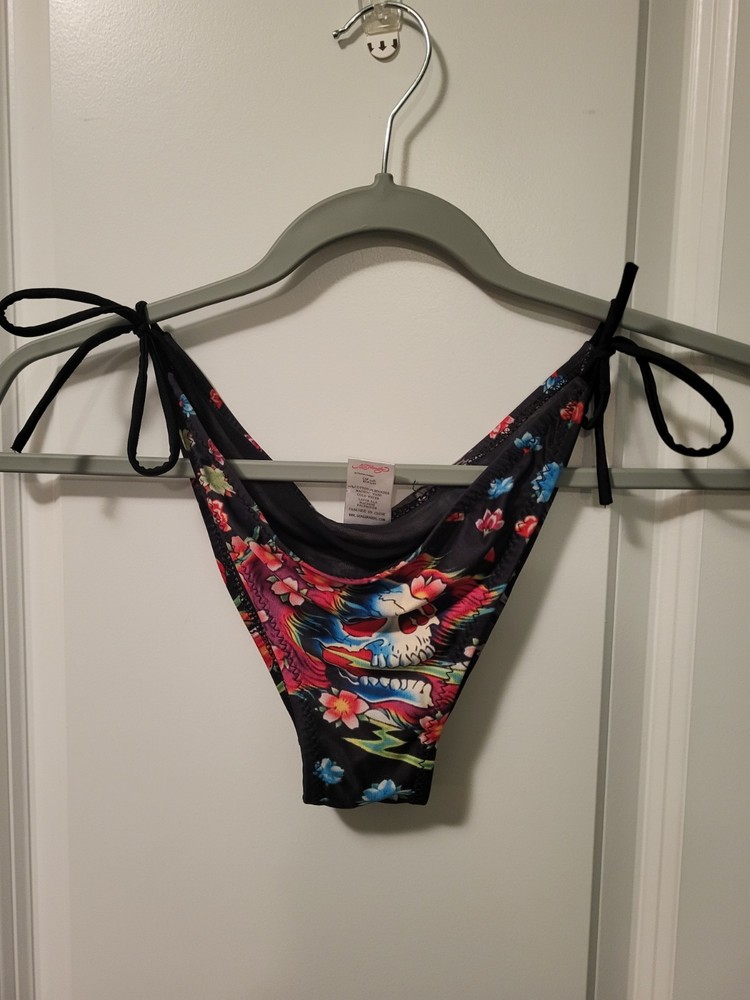 Ed Hardy Bikini Bottom Black Floral Tattoo Print Medium 95% Cotton Tie String