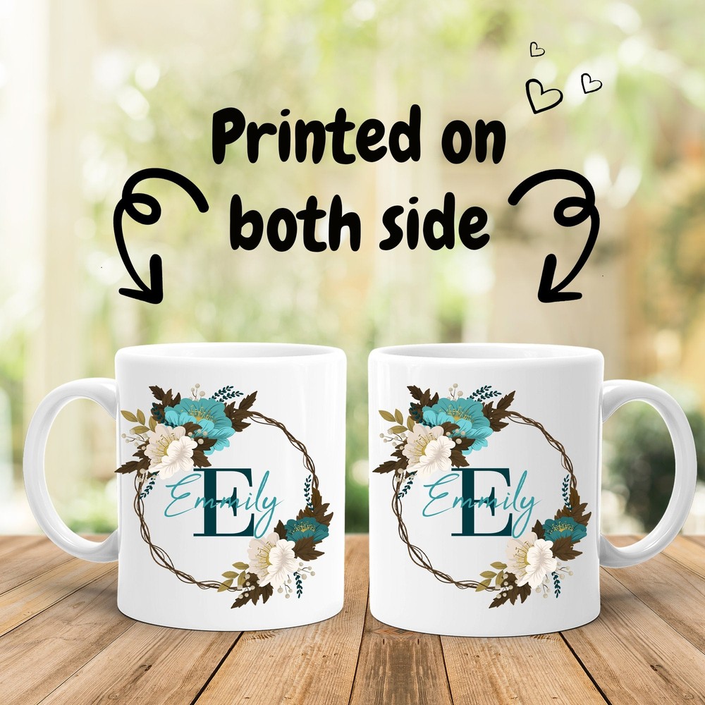 Name And Initial Mug Custom Name Mug Personalized Gift Blue Flowers Mug Women