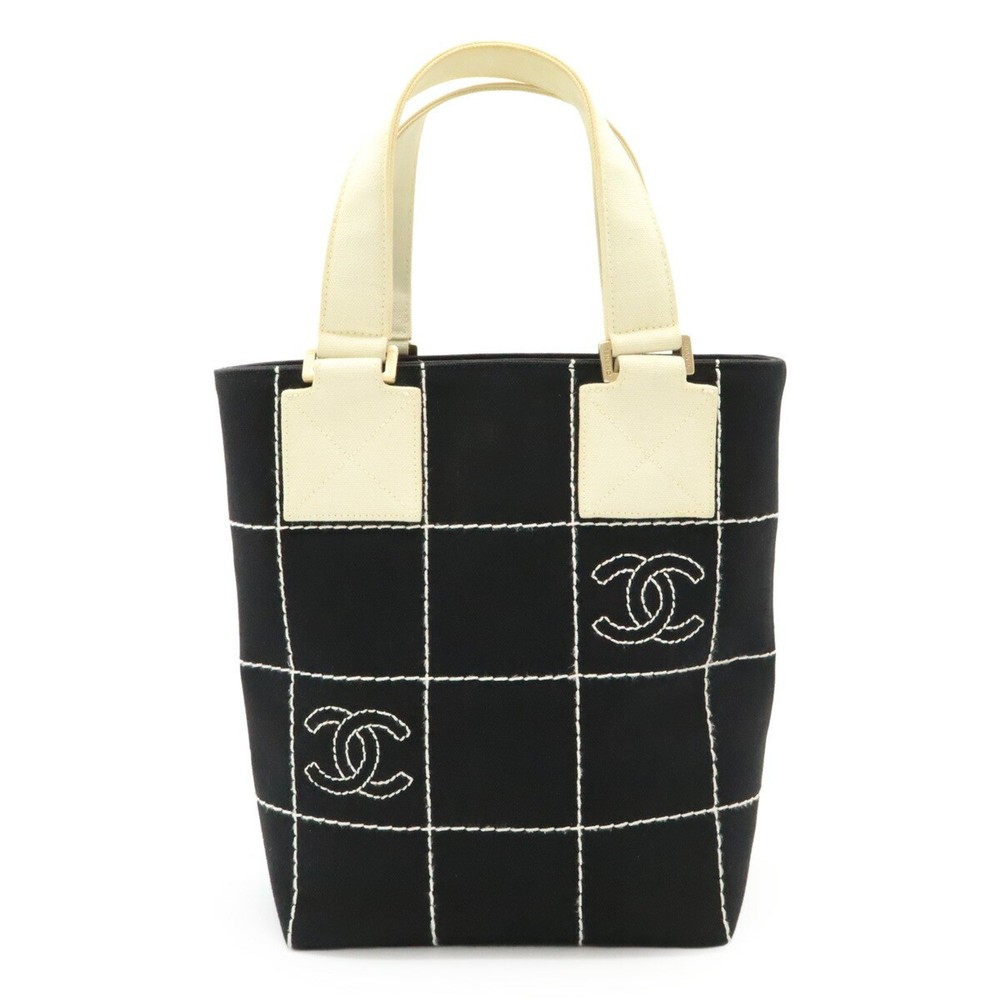 Chanel Coco Mark Canvas Tote Bag in Black & White Pre-Owned