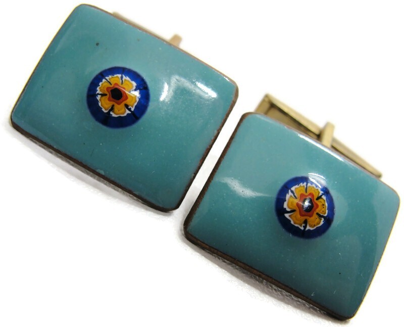 Blue Mosaic Enamel Copper Cufflinks Rectangle Shirt Accessories Wedding Vintage