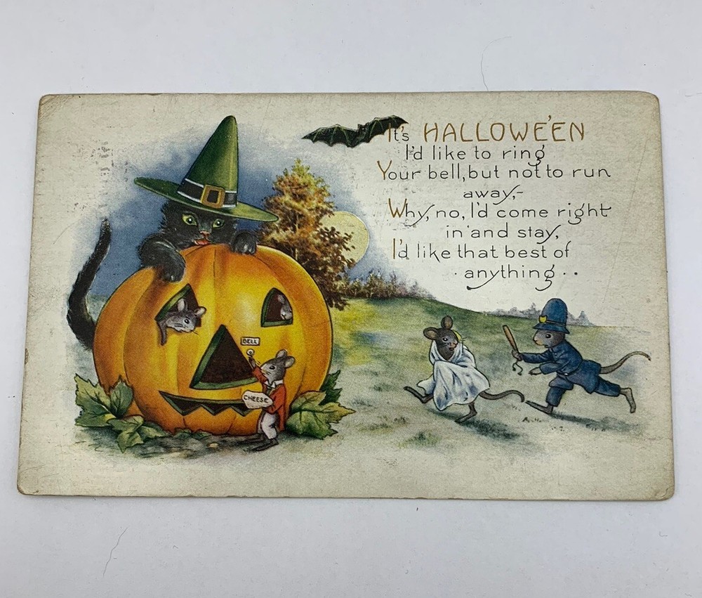 Rare Vintage Early 1900s Whitney Halloween Postcard, Black Cat w/ Jack-O-Lantern